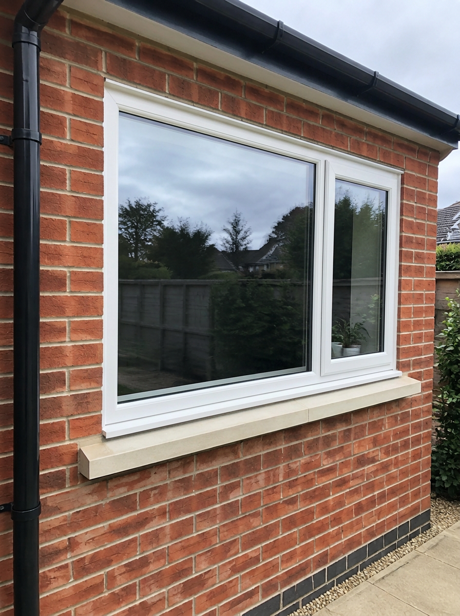 White uPVC casement window with a side-opening sash set in a red brick wall
