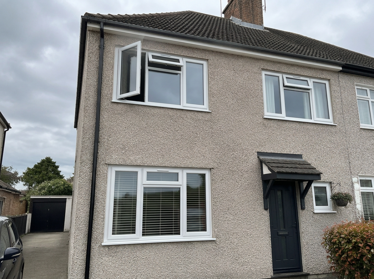 White uPVC casement windows on a typical rendered semi-detached home