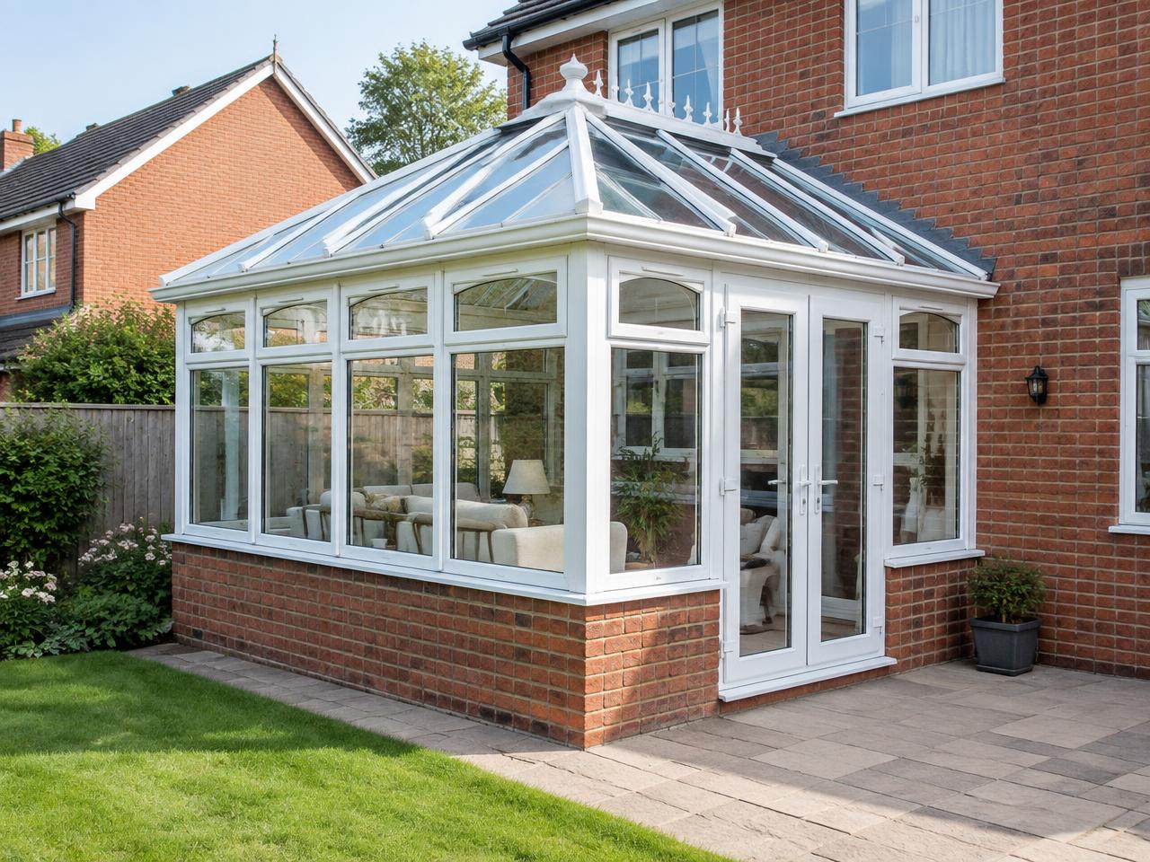 White uPVC Edwardian conservatory with a square footprint and pitched glass roof