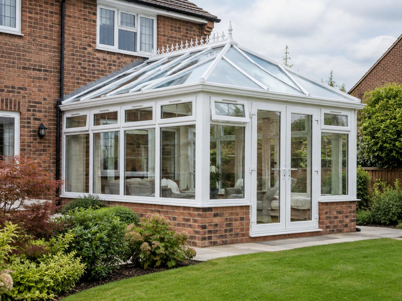 White uPVC Elizabethan conservatory with a pitched glass roof on a brick home