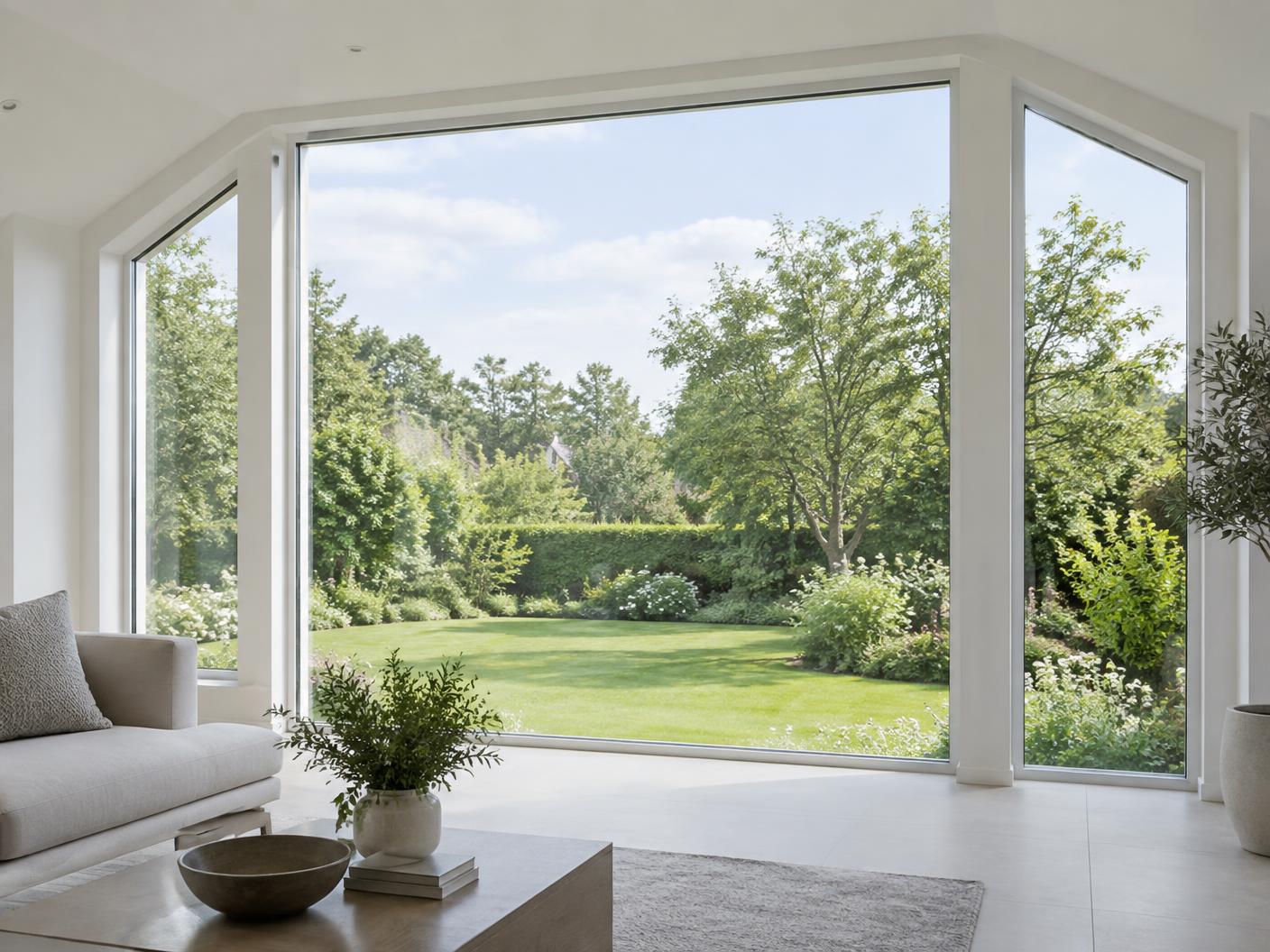 Bespoke fixed picture window arrangement overlooking a landscaped garden