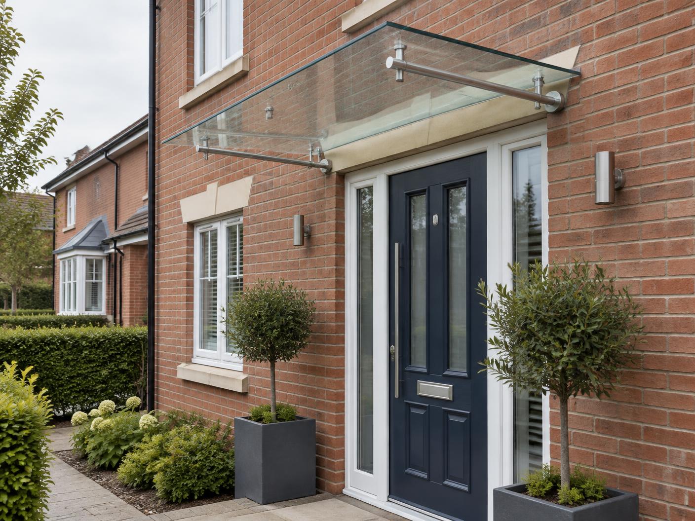 Clear glass entrance canopy on a British brick home