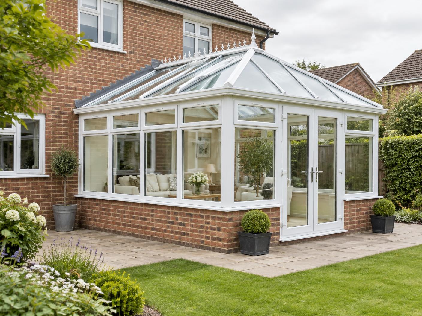 Professionally installed white uPVC conservatory on a British home