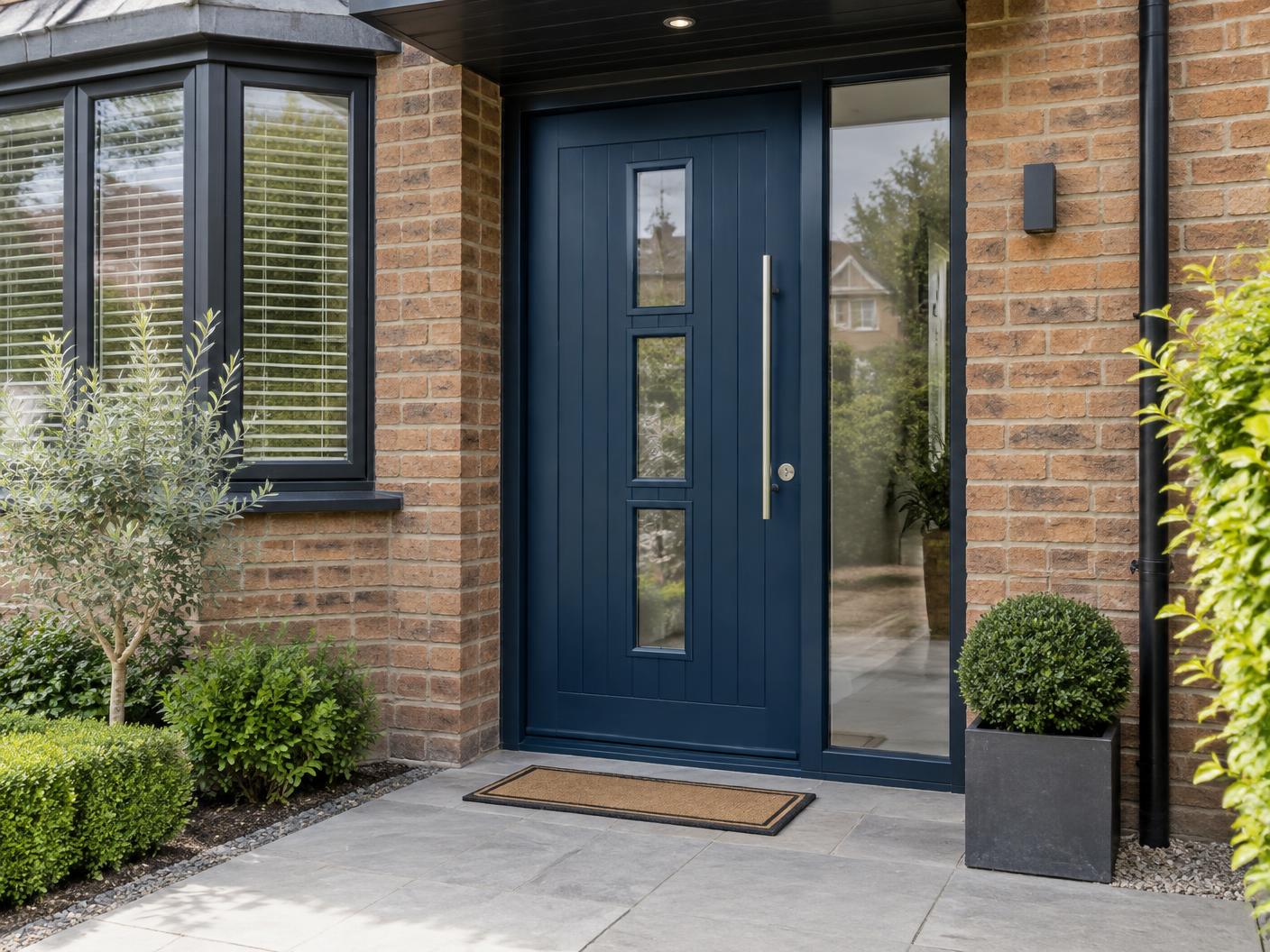Premium blue composite entrance door on a British brick home