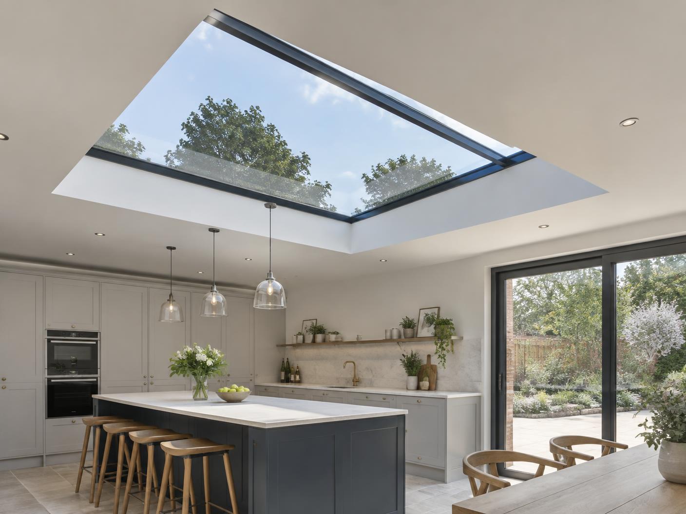Contemporary flat glass skylight above a bright kitchen extension
