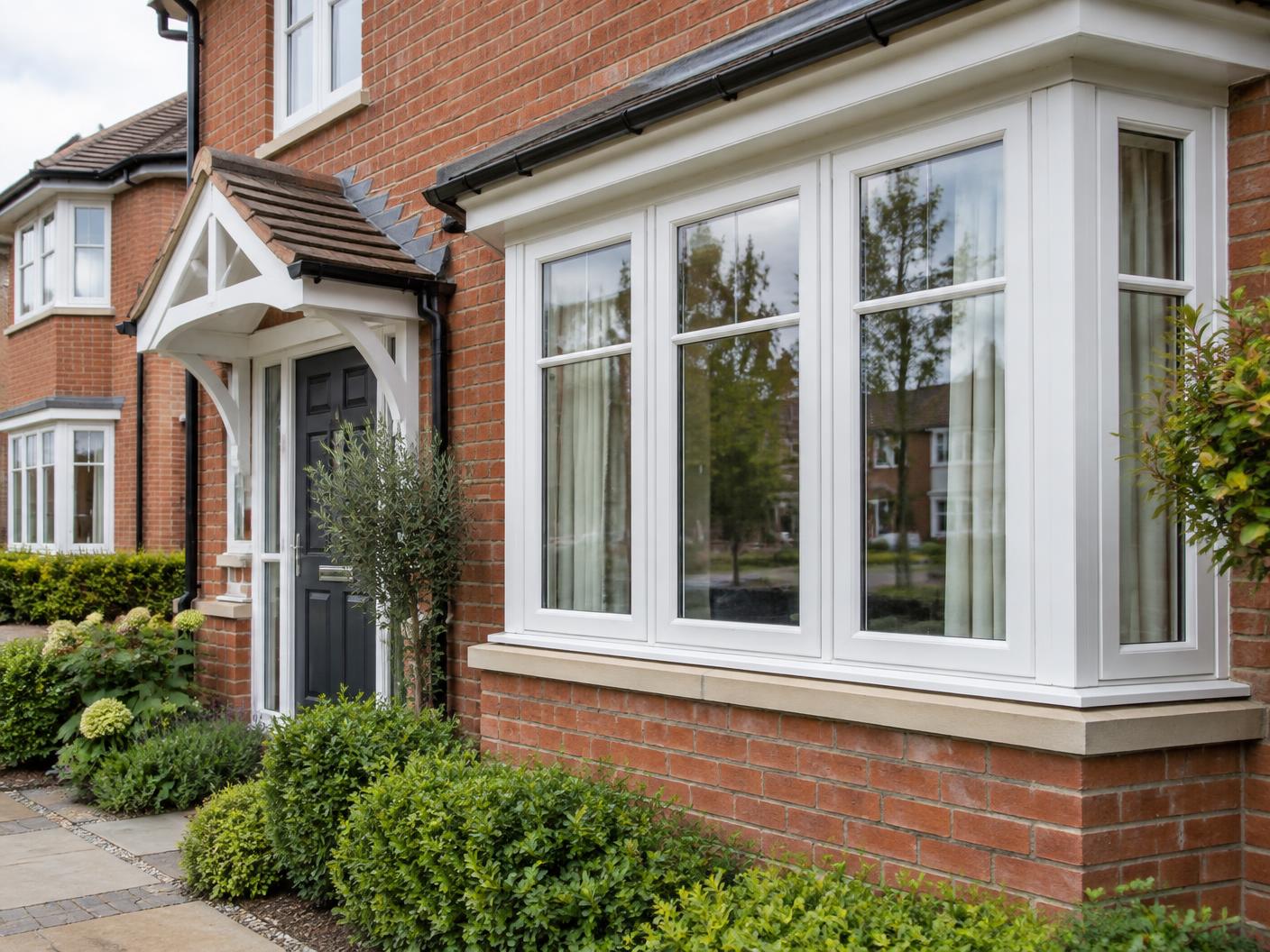 Professionally installed white uPVC windows on a British brick home