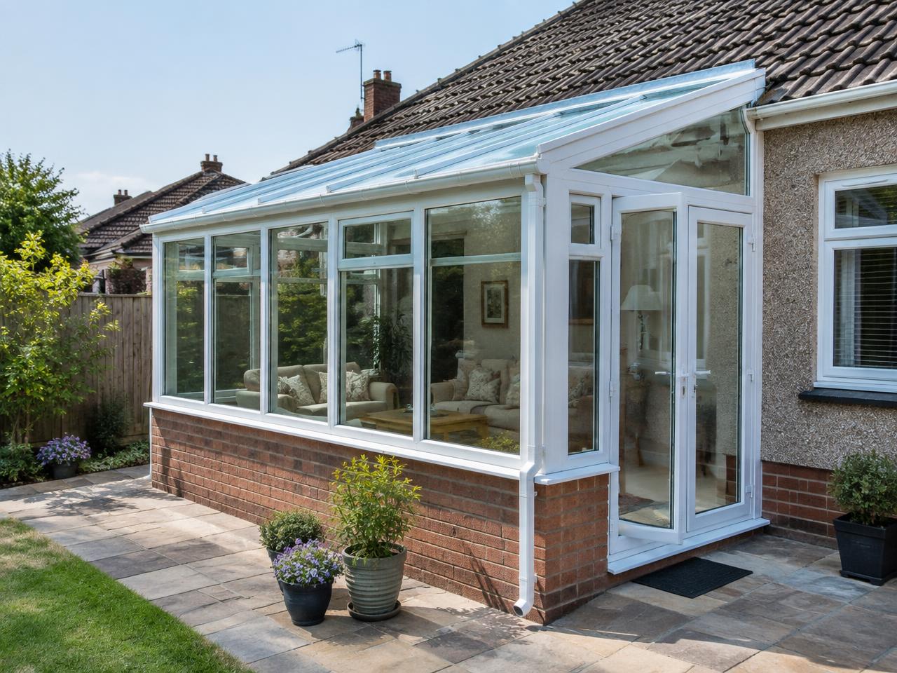 White uPVC lean-to conservatory with a single-slope glass roof attached to a bungalow