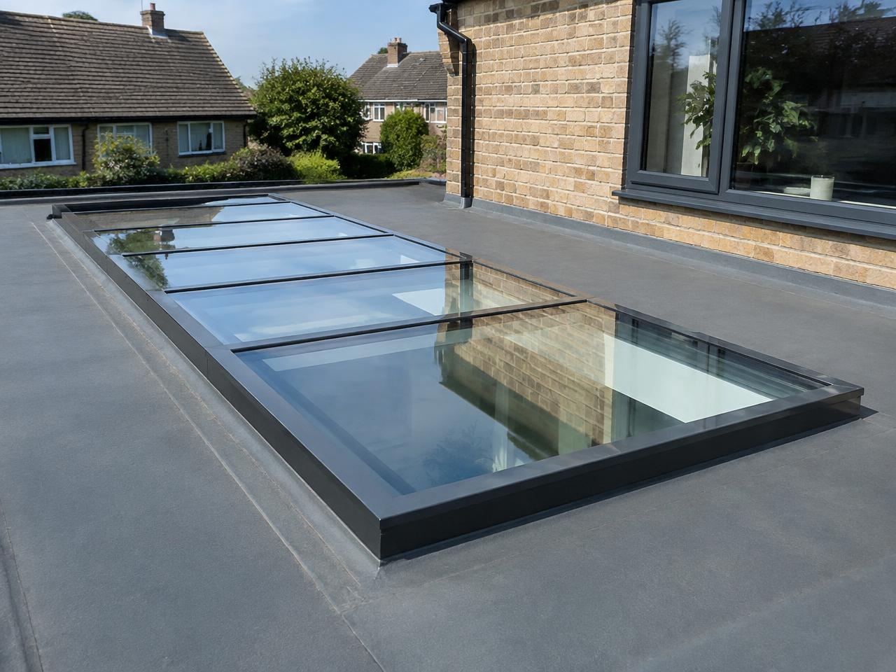 Run of linked flat glass rooflights forming a continuous glazed strip on a flat roof