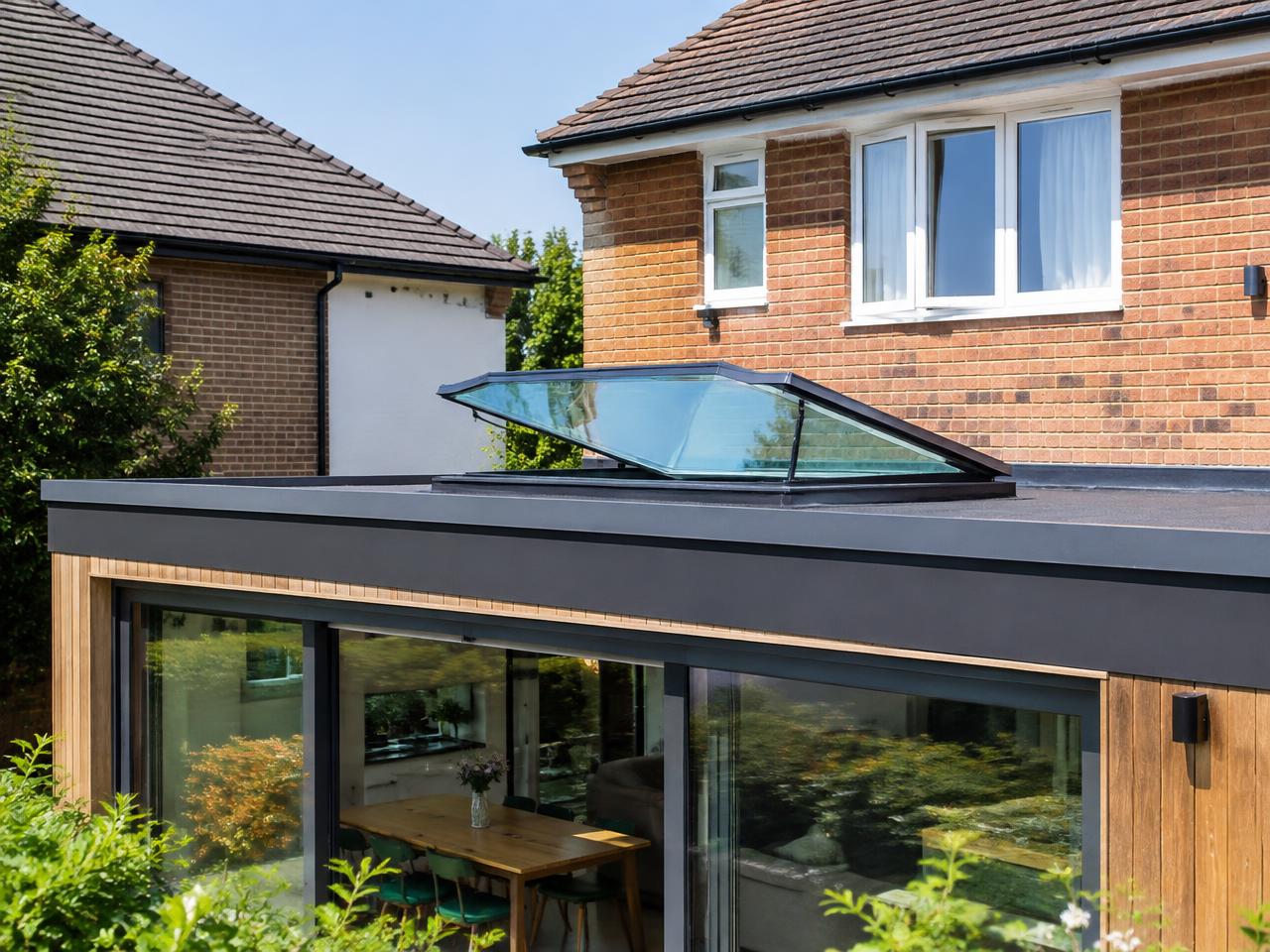 Opening flat rooflight held open on the flat roof of a house extension