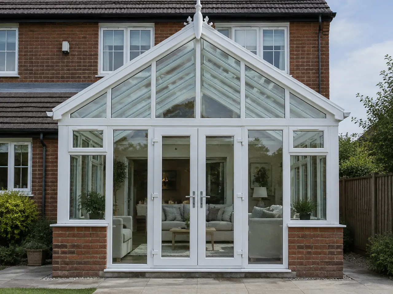 White uPVC Regency conservatory with a full-height triangular glazed gable
