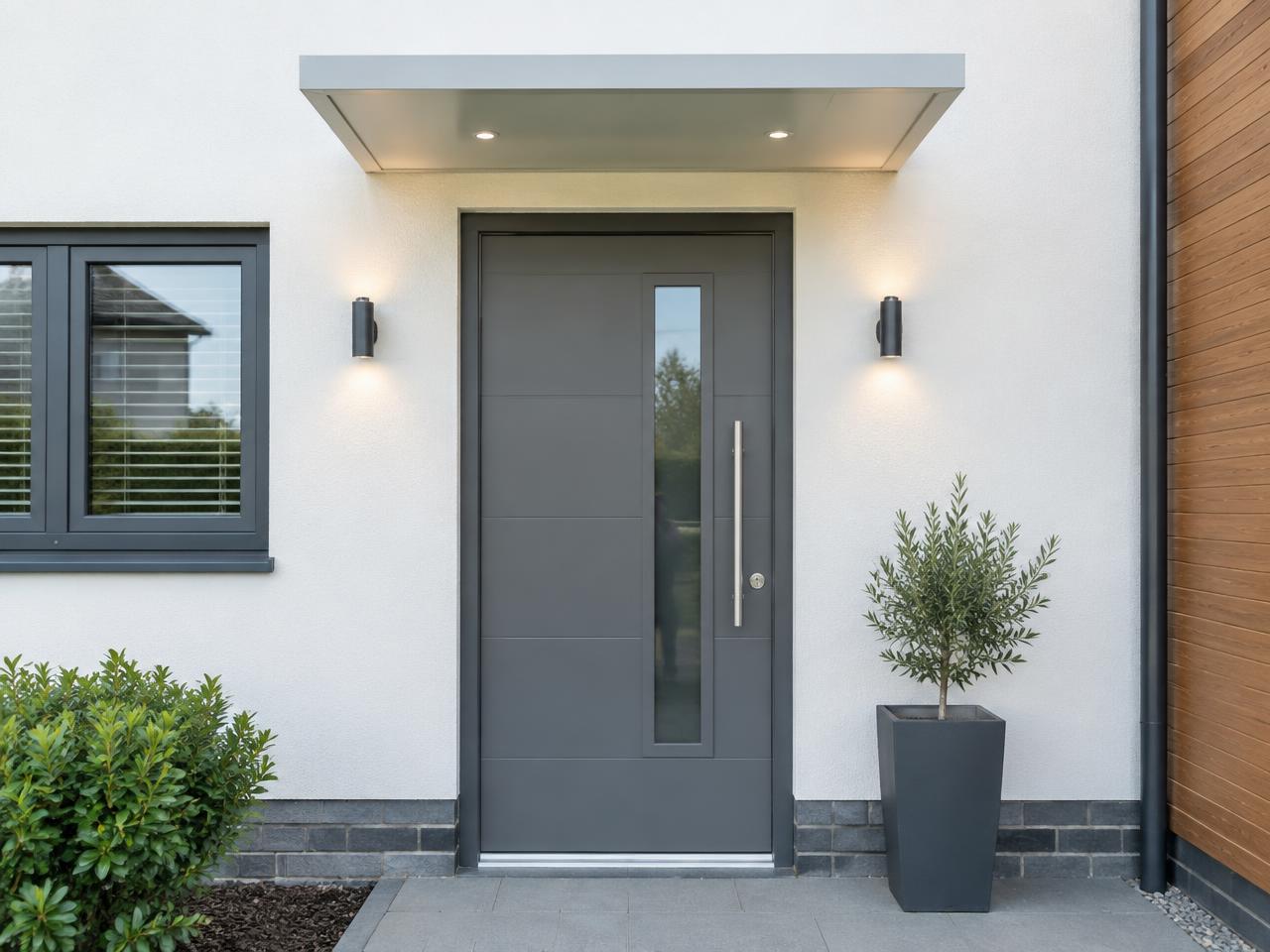 Slim flat white door canopy above a grey composite front door