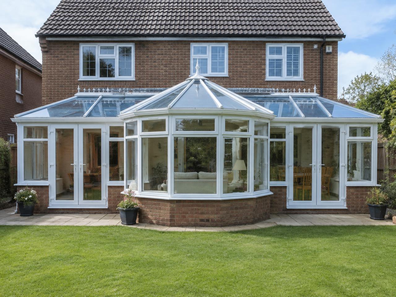 Wide white uPVC T-shaped conservatory with a central projecting bay