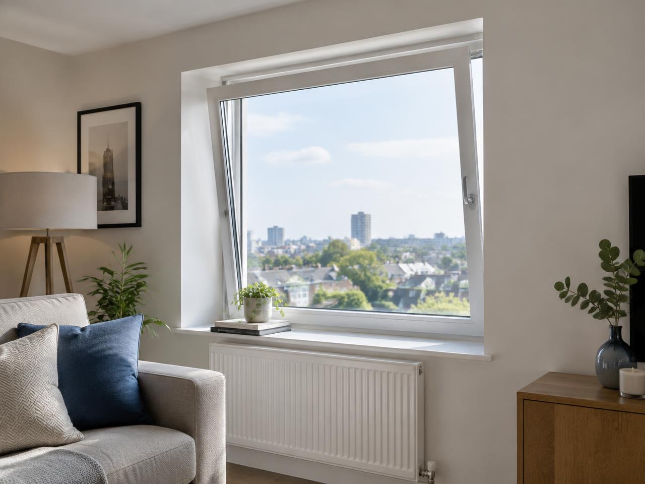 White uPVC tilt and turn window tilted open in a bright living room