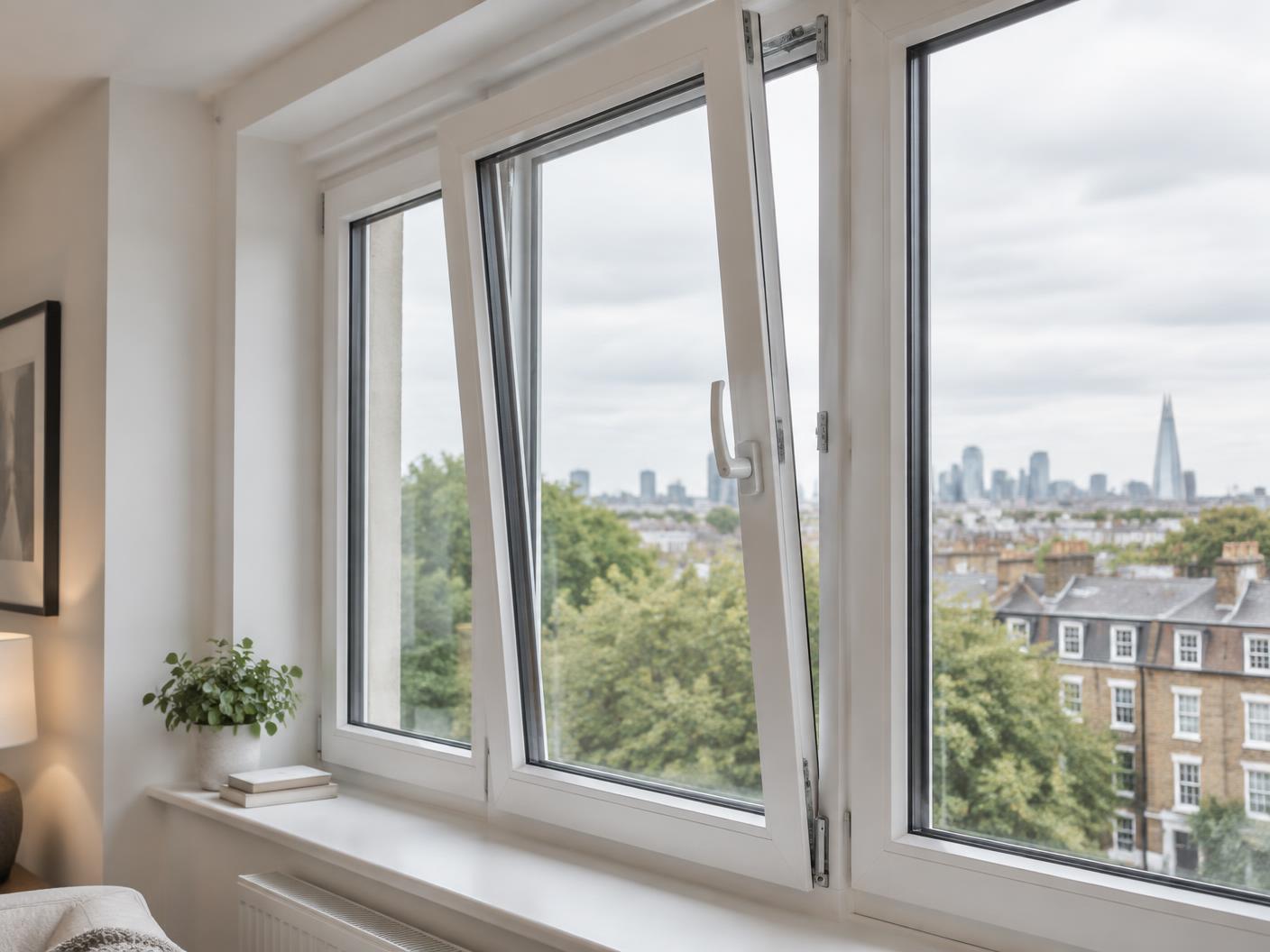 White uPVC tilt and turn window open in ventilation mode in a London apartment