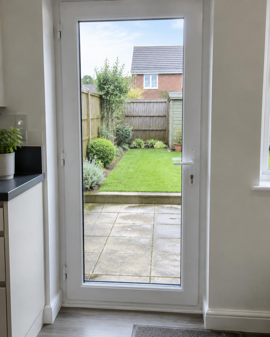 White uPVC back door with full-height glazing overlooking a garden