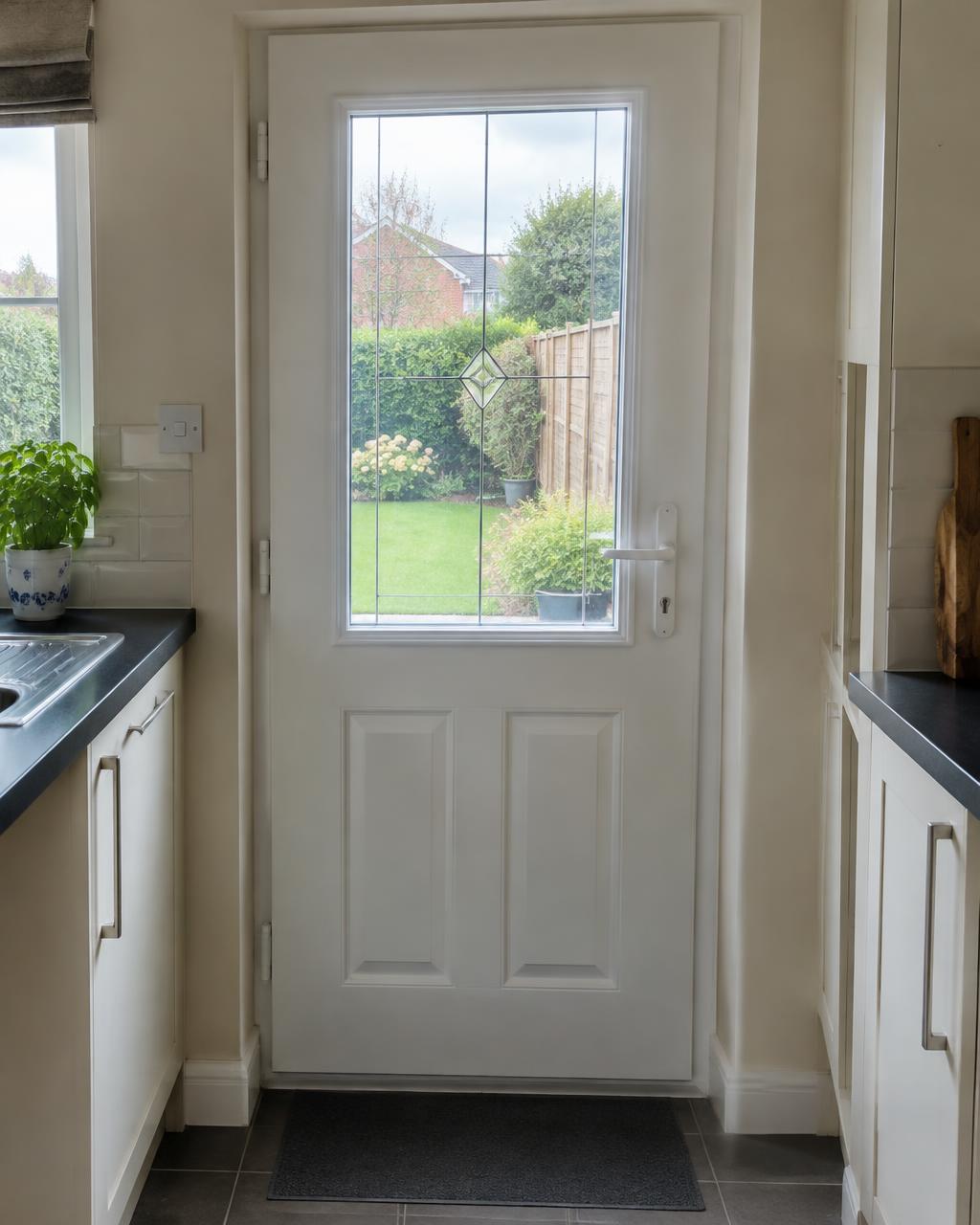 White uPVC back door with a narrow glazed light and solid panels below