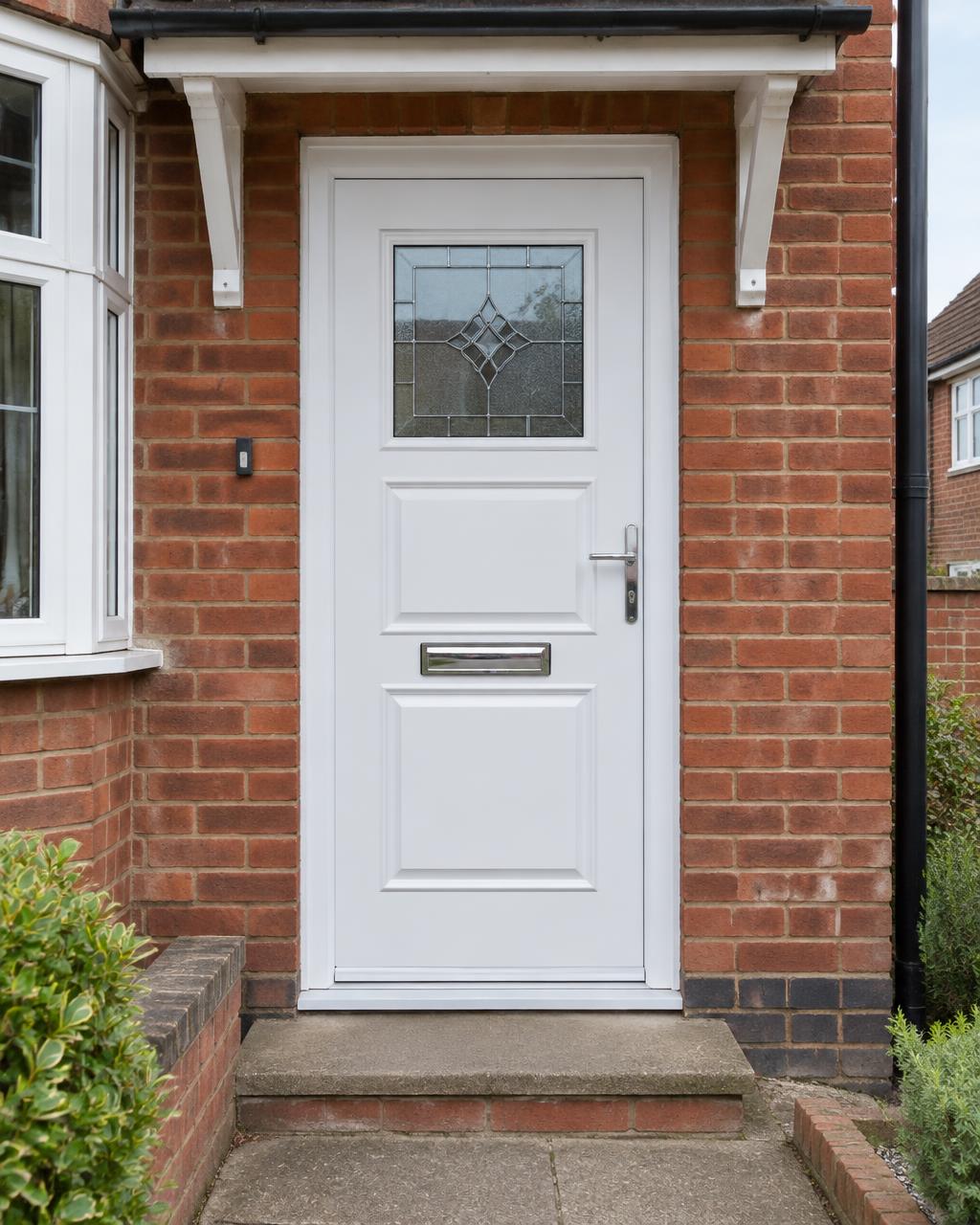 White uPVC front door with a two-panel design and a decorative top light
