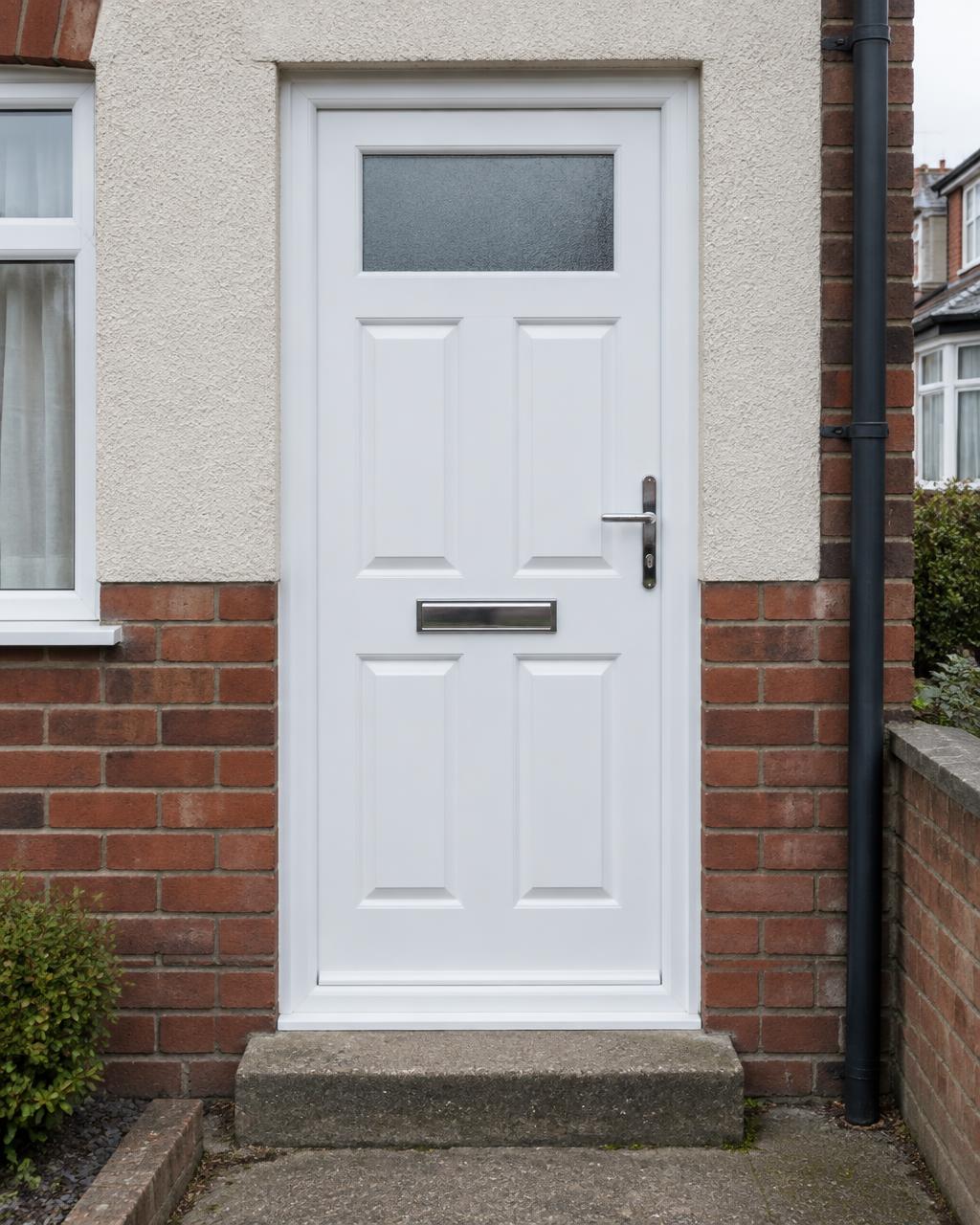 White uPVC front door with four raised panels and a frosted top light