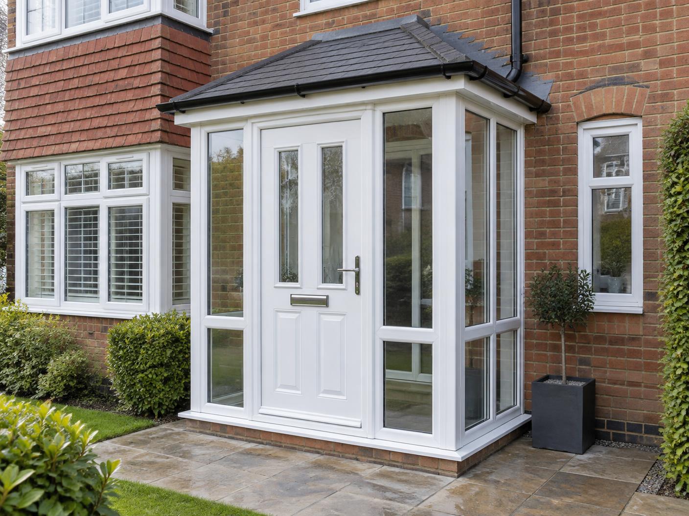 White uPVC entrance porch on a British brick home