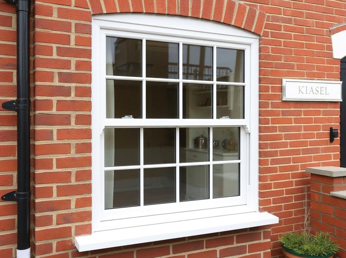 White uPVC sliding sash window installed in a traditional red-brick home