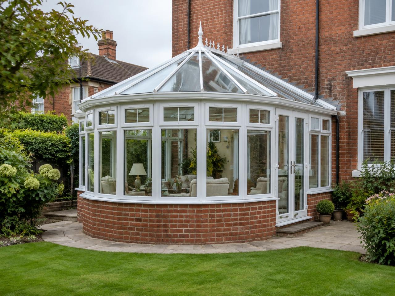 White uPVC Victorian conservatory with a bay front and pitched glass roof on a brick home